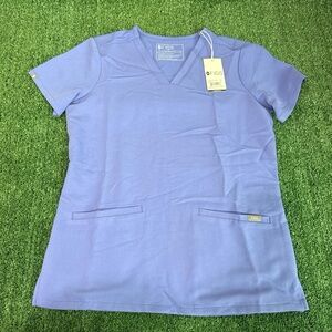 NWT FIGS Casma Three Pocket V-Neck Periwinkle Blue Scrub Top Womens XS